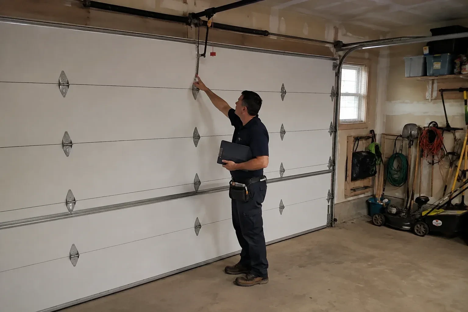 A person holding a clipboard examines the interior hardware of a closed garage door. — Garage Door Tune-Up, Kawartha Lakes