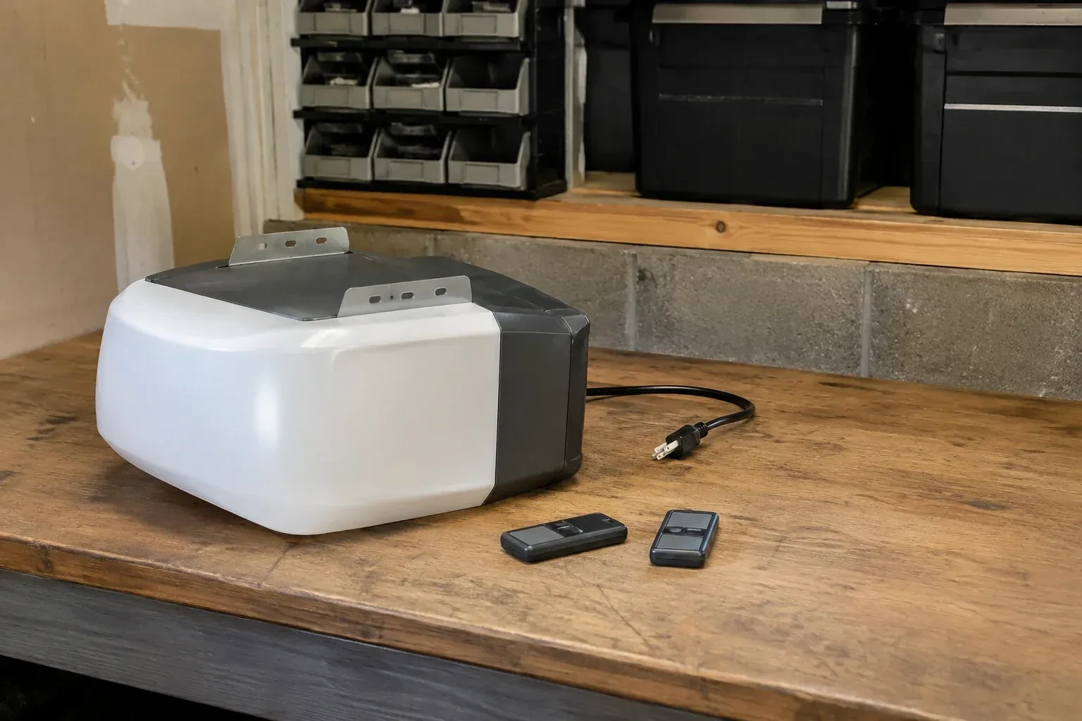 Detached opener housing and two remotes on a garage bench. — Garage Door Opener Replacement, Kawartha Lakes