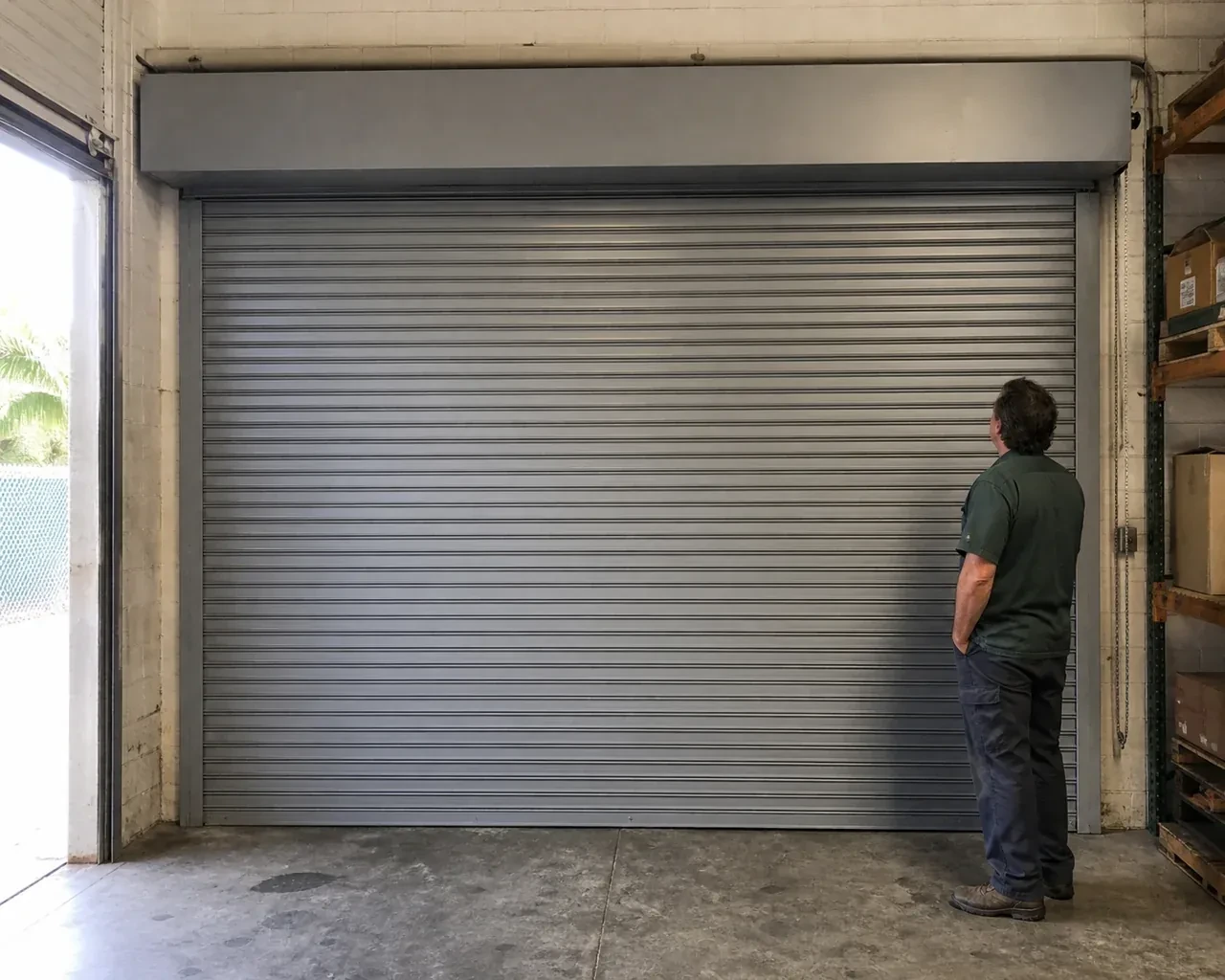 A person examines a closed metal rolling door with narrow horizontal slats, side guides and an overhead hood in a warehouse. — Commercial Rolling Door Repair, Kawartha Lakes