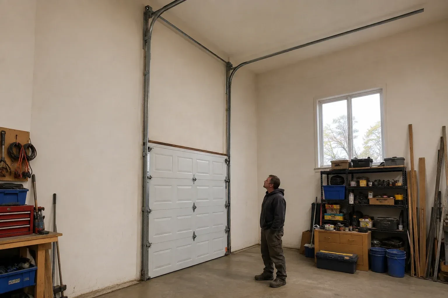 Vertical tracks extend above a closed garage door before curving near a high ceiling, while a person looks upward. — High-Lift Garage Door Conversion, Kawartha Lakes