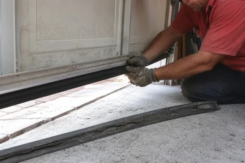 Person fitting a black strip along the bottom edge of a partly raised garage door, with a cracked strip lying on the floor. — Garage Door Bottom Seal Replacement, Kawartha Lakes