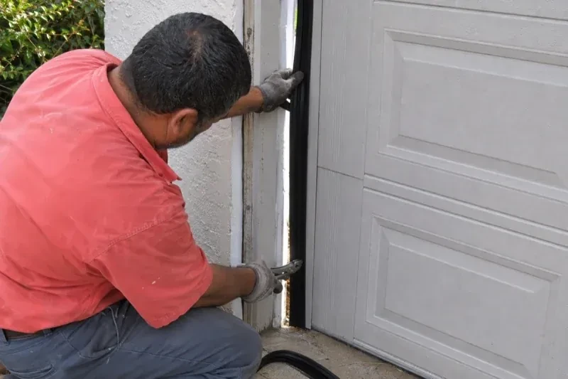 Gloved person holding a black strip along the side of a sectional garage-door opening — Garage Door Perimeter Weatherstrip, Kawartha Lakes