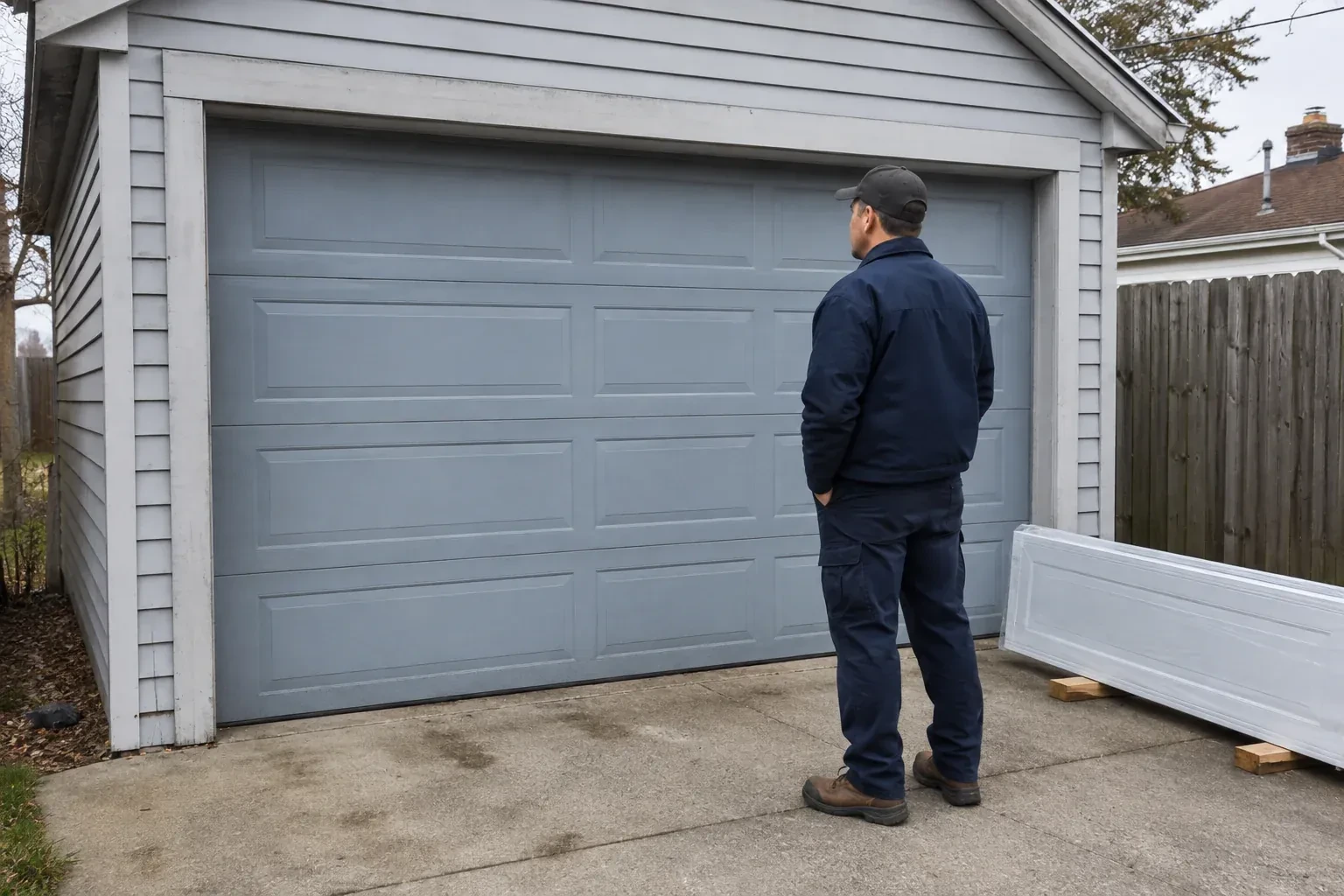 A person examines a blue-grey sectional garage door with a packaged door panel resting beside the driveway. — Sectional Garage Door Replacement, Kawartha Lakes
