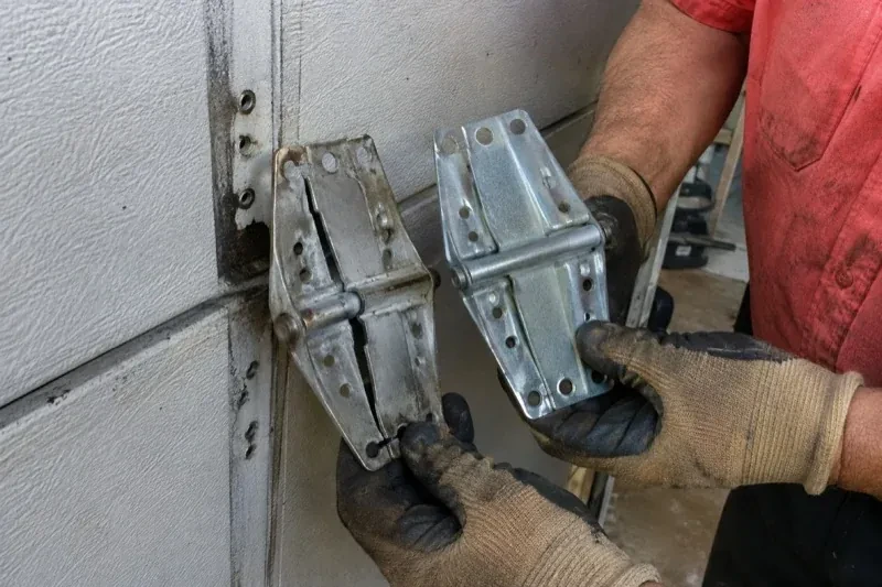 Gloved hands holding two metal garage-door hinges side by side, one discolored with a visible crack and the other bright silver. — Garage Door Hinge Replacement, Kawartha Lakes
