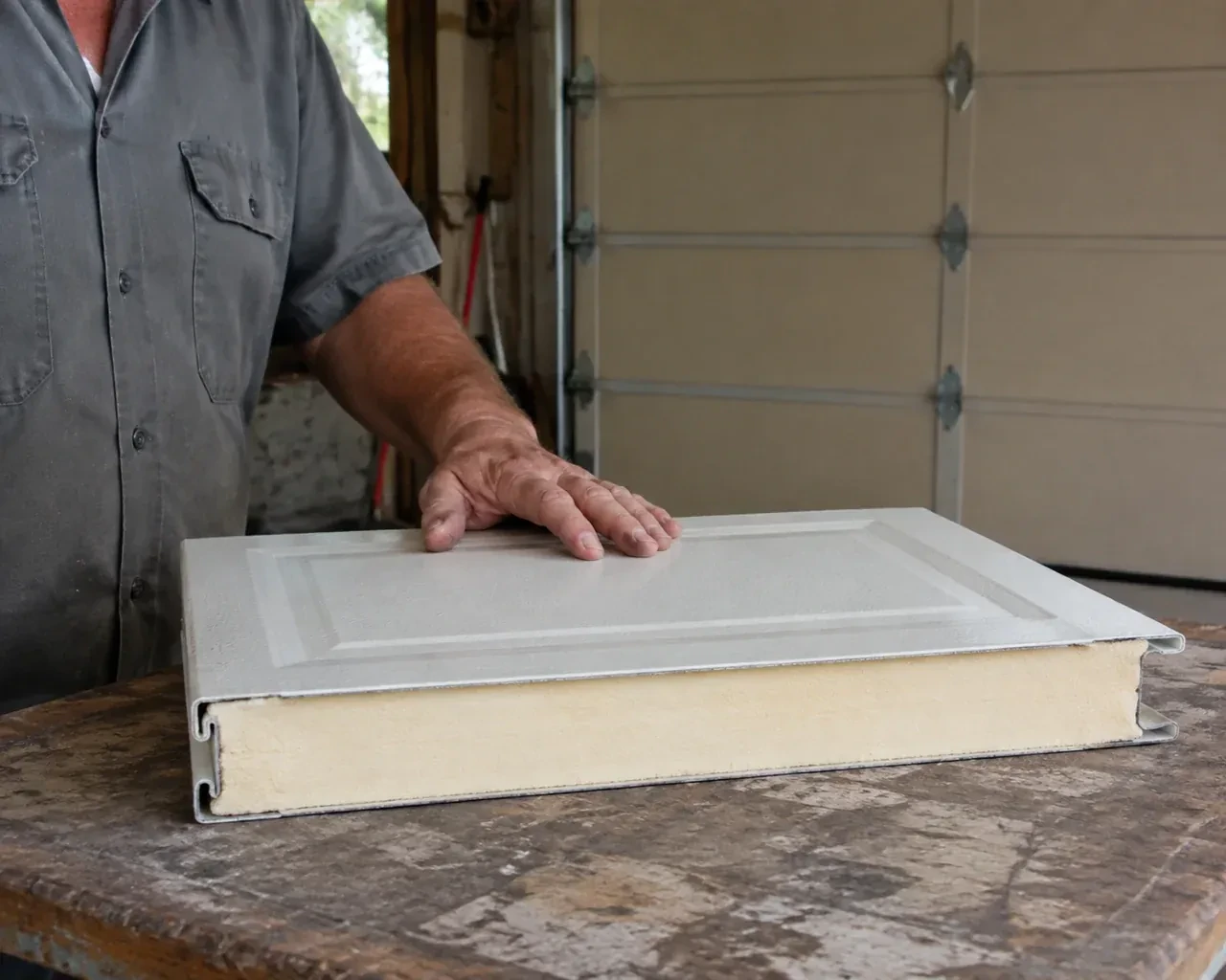 A panel sample exposes a cream foam core between thin metal faces on a garage workbench. — Insulated Steel Garage Door Installation, Kawartha Lakes