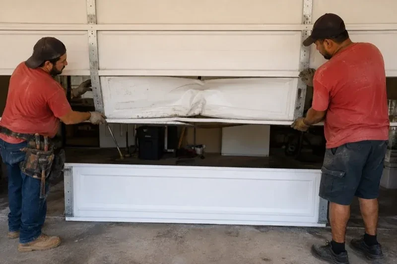 Two people holding a dented lower garage-door section above a separate white panel resting on the ground. — Garage Door Panel Replacement, Kawartha Lakes