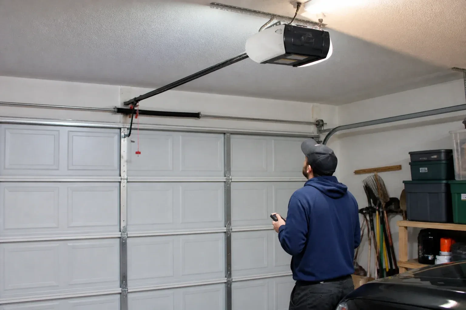A person holding a remote looks toward an overhead garage-door opener and rail. — Garage Door Opener Diagnosis and Repair, Kawartha Lakes
