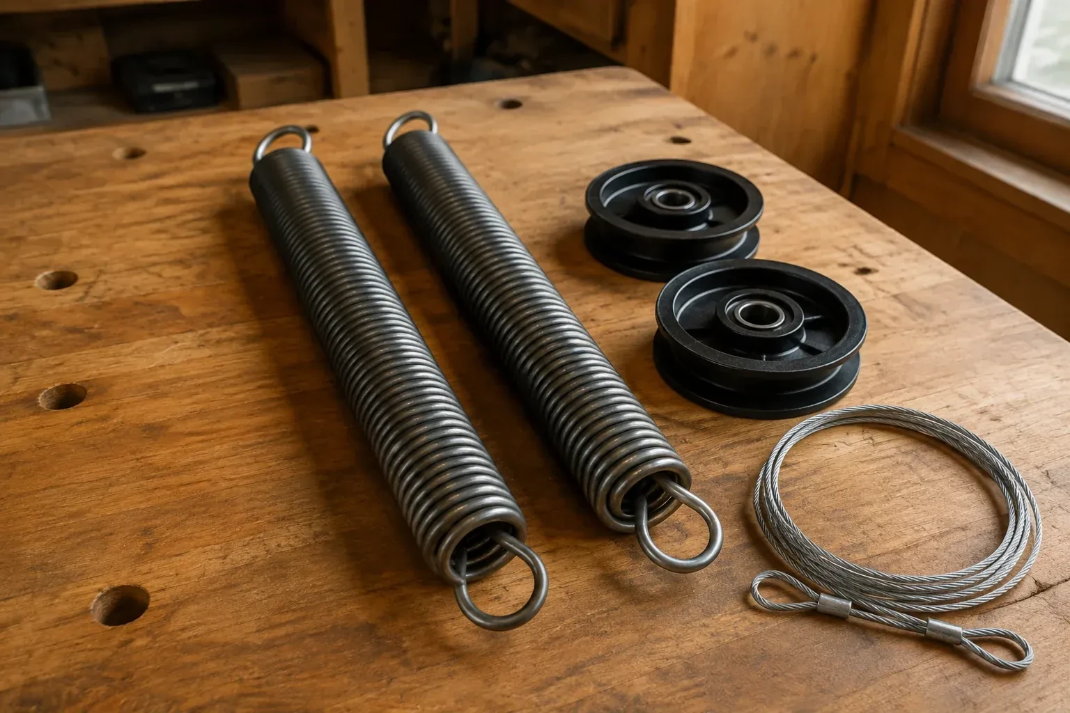 Two coiled extension springs with looped ends, two black pulleys and a loop of steel cable on a worn wooden workbench. — Extension Spring Replacement, Kawartha Lakes