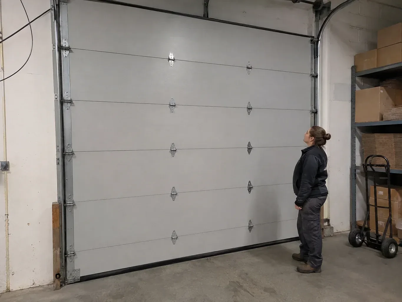 A person looks at a tall closed sectional door with broad panels, hinges and side tracks in a warehouse. — Commercial Sectional Door Repair, Kawartha Lakes