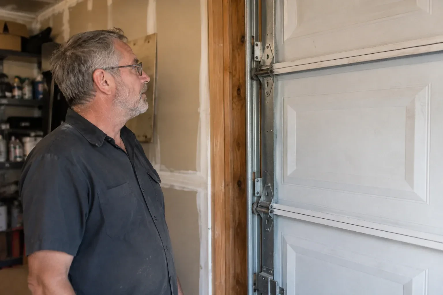 Technician looking at vertical garage door track and edge hinges. — Garage Door Track Repair or Replacement, Kawartha Lakes