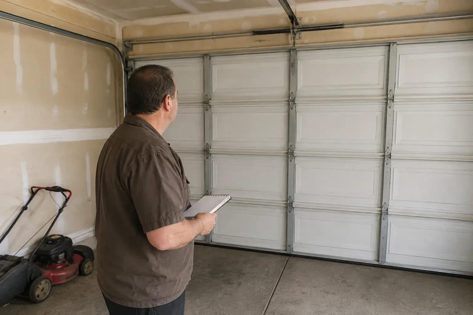 Technician holding a notebook while looking at a closed sectional door. — Garage Door Balance Adjustment, Kawartha Lakes