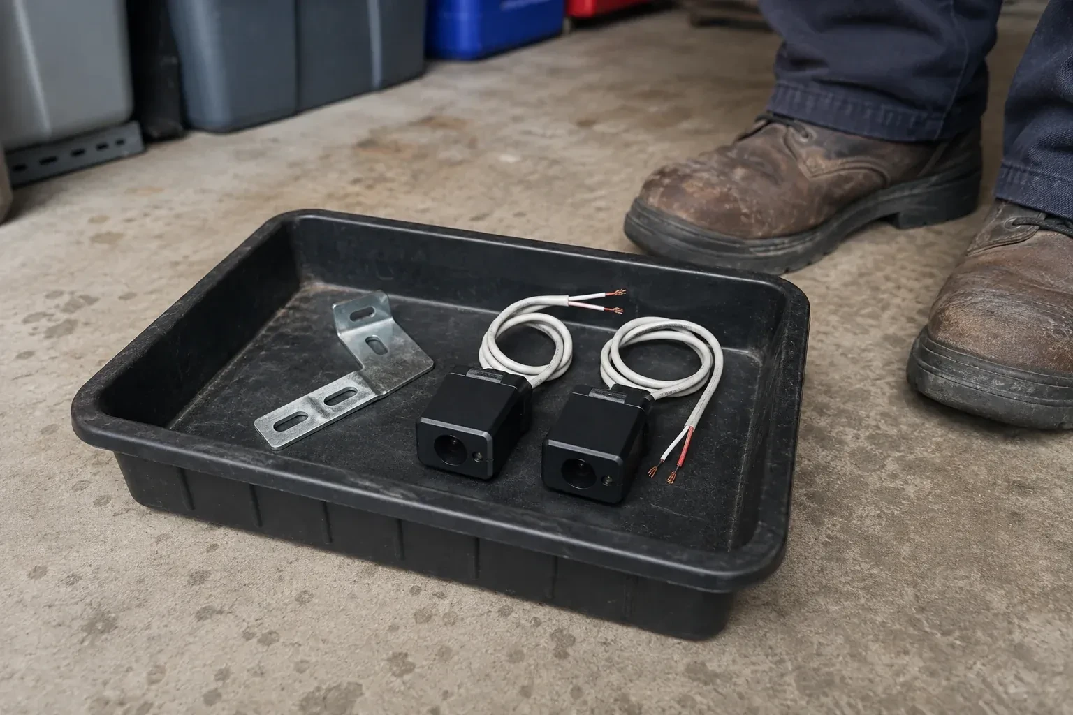 Two detached black sensors with recessed lenses and coiled wires lie in a tray beside a mounting bracket. — Photo-Eye Sensor Alignment or Replacement, Kawartha Lakes