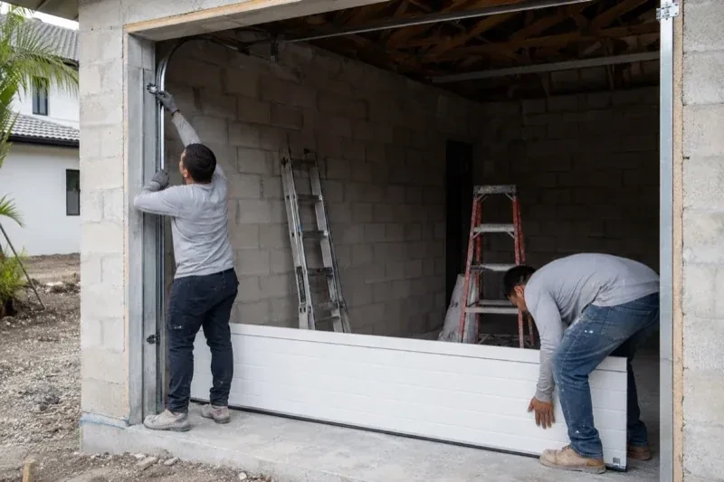 Two people positioning a white garage-door panel and side track in an unfinished masonry garage. — New-Construction Garage Door Installation, Kawartha Lakes